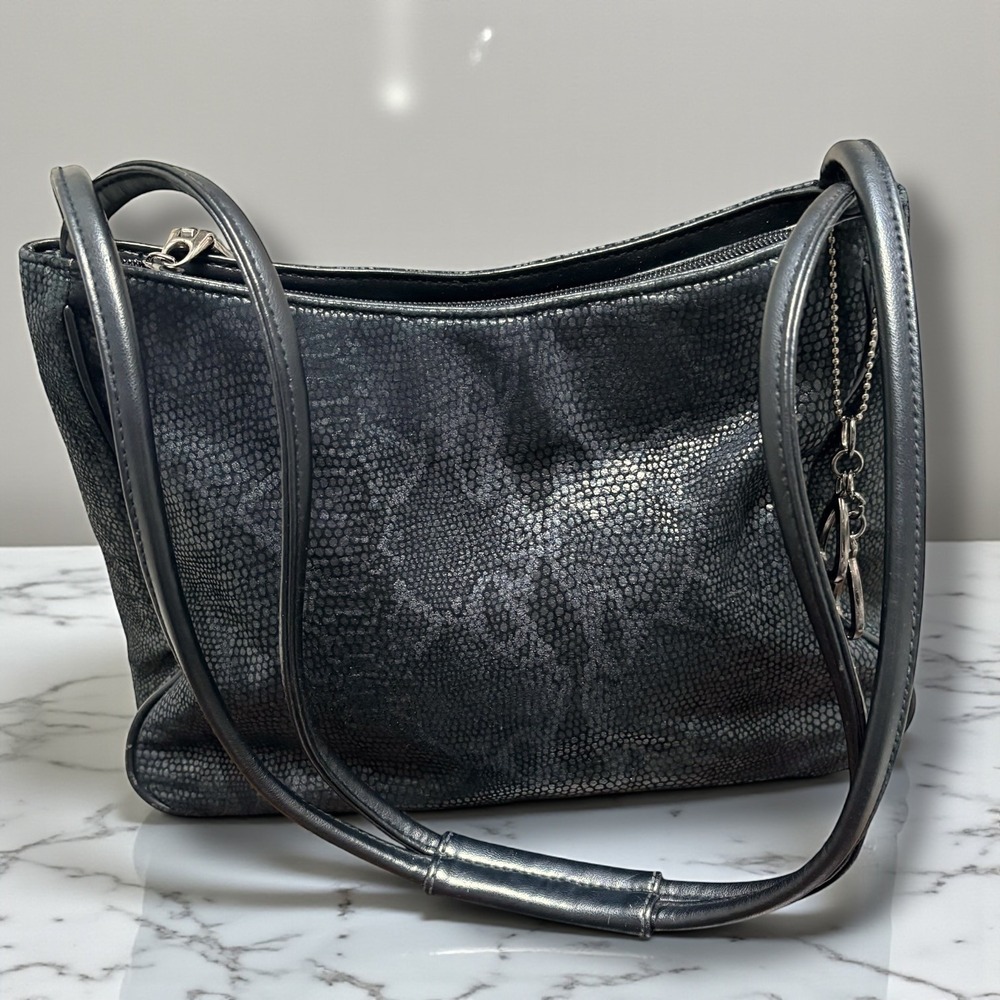 Cee Klein Accessories Black Metallic Snakeskin Genuine Leather Shoulder‎ Bag Zip